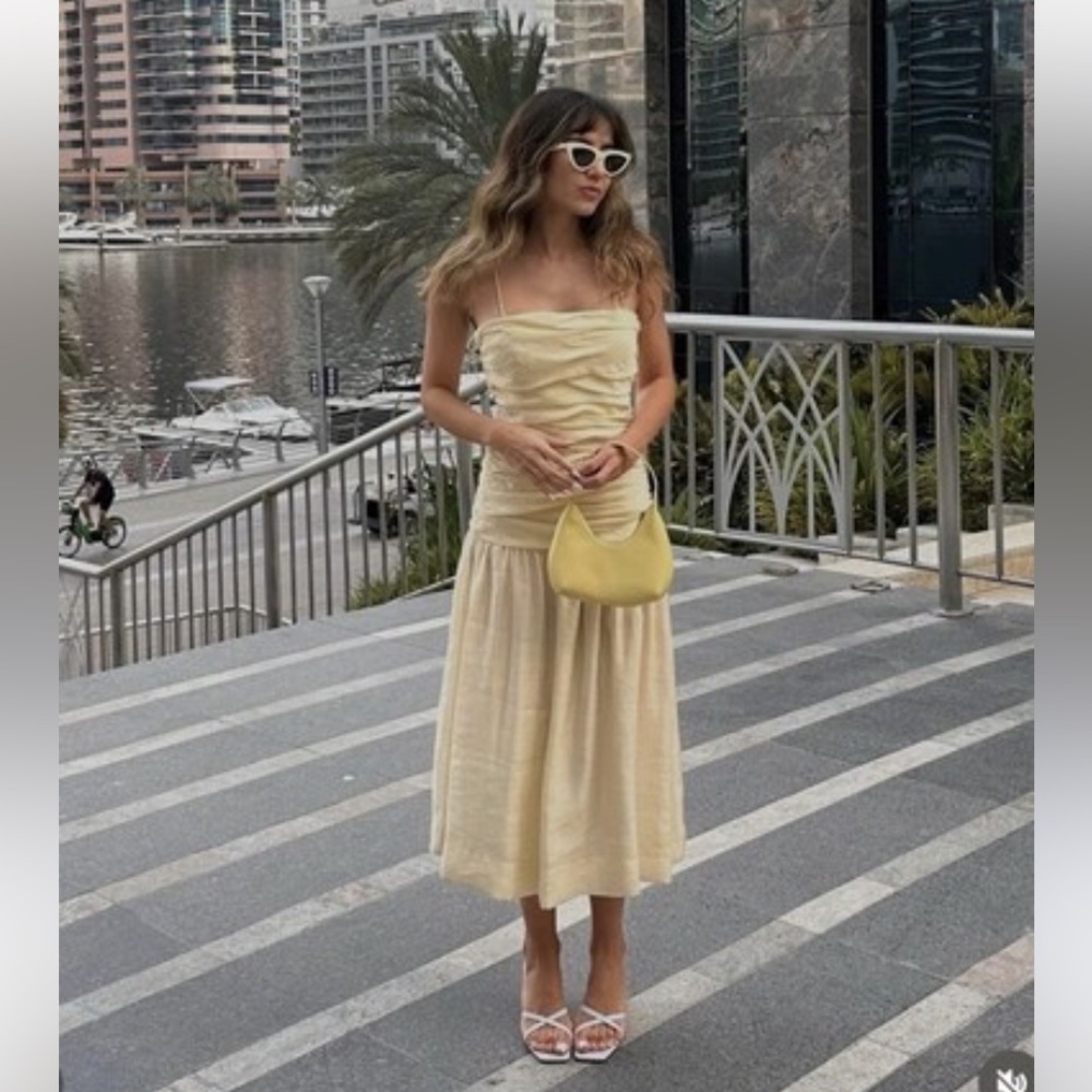 Zara Soft Yellow Ruched Bodice Midi Dress